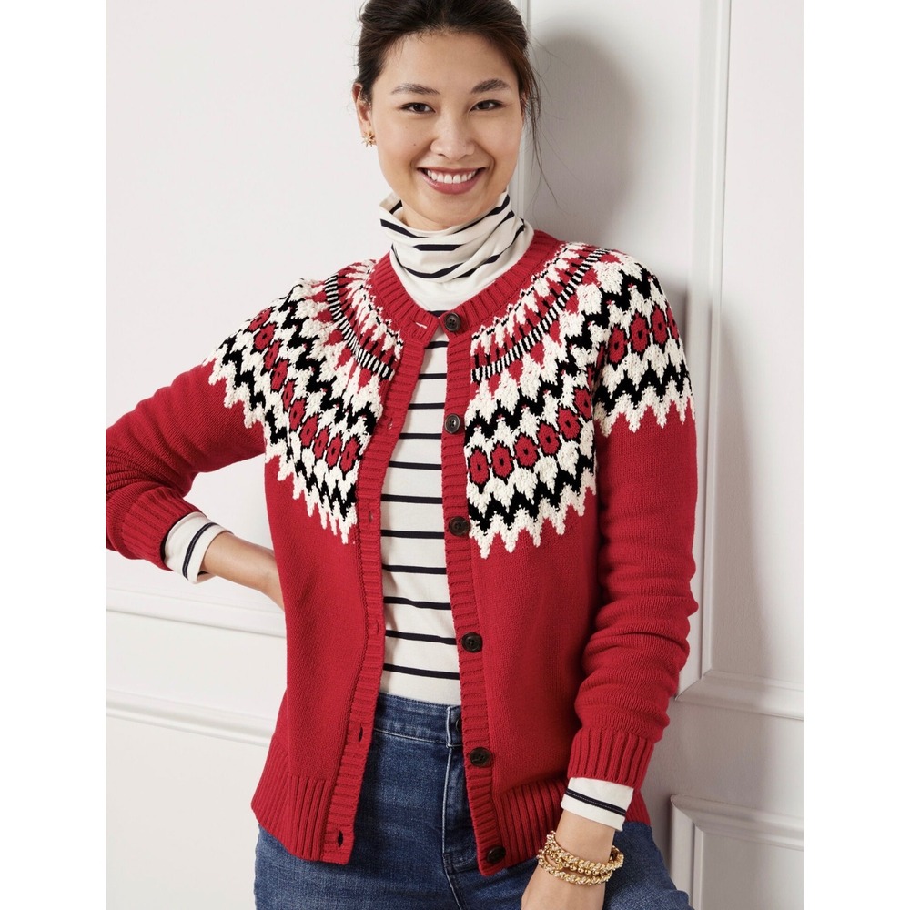 Talbots Womens XL JOYOUS Red Fair Isle Cotton Blend Button Up Sweater CARDIGAN